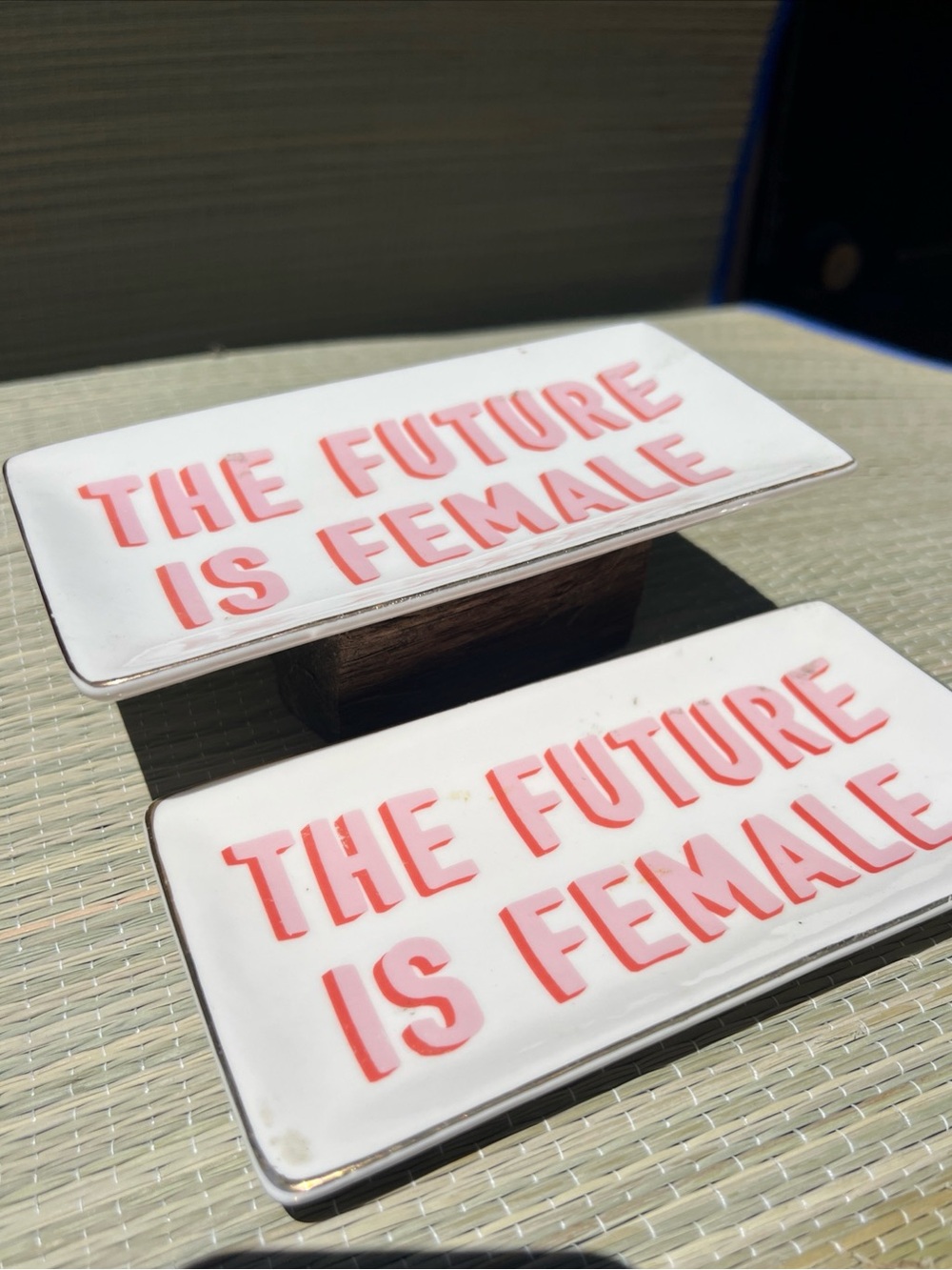 White Ceramic Tray Pair with Pink Raised Lettering - The Future Is Female